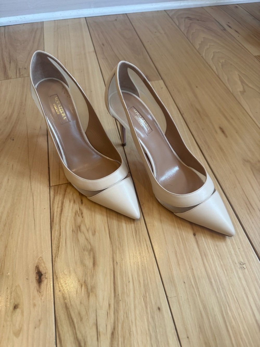 Aquazzura Ivory Pointed-Toe Mesh Panel Stiletto Pumps